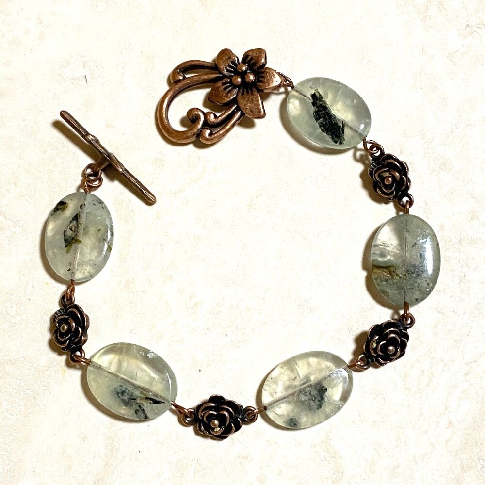 2/$20, Natural Green Prehnite Bracelet, Genuine Gemstone + Antique Copper Rose